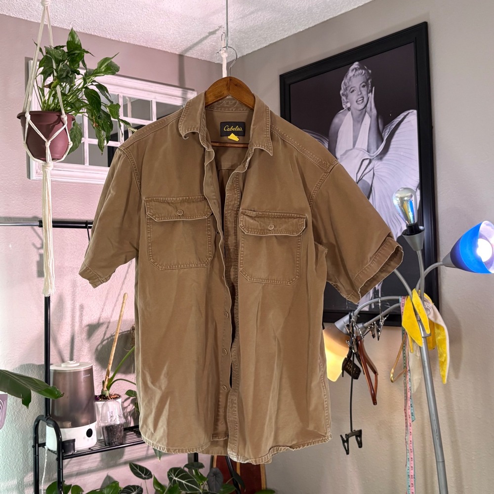 Cabela's Men's Tan Short Sleeve Button Up Workwear Shirt XL Tall